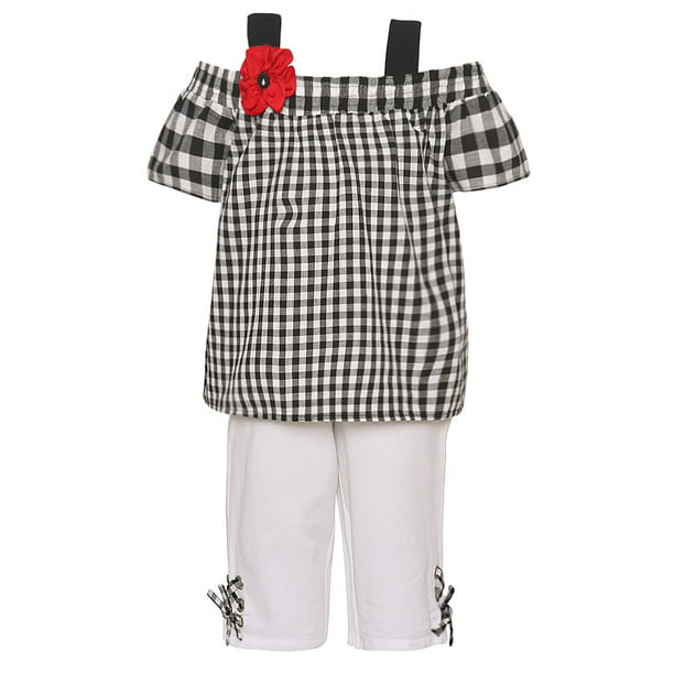 Rare Editions Black and White Gingham Capri Set With Red Flower 